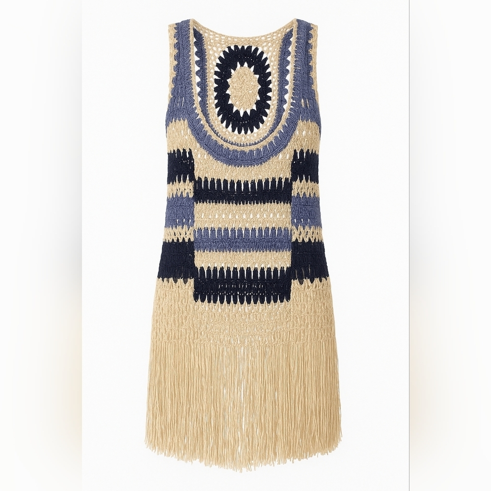 Frazzle Boho Crochet Fringe Vest Open Knit Navy Cream Purple Festival Sz S